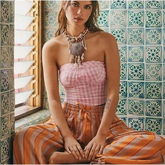 Free People Leilani Gingham Tube Top Corset NWT Pink White Smocked Back Size L - Picture 1 of 10